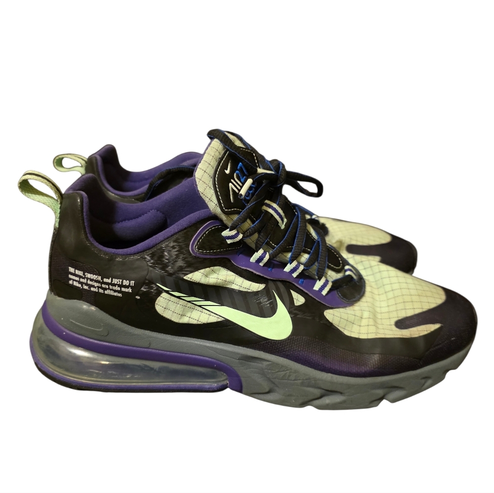 NIKE Air‎ Max 270 React Future Swoosh Sneakers Black Purple Green - Size 10.5
